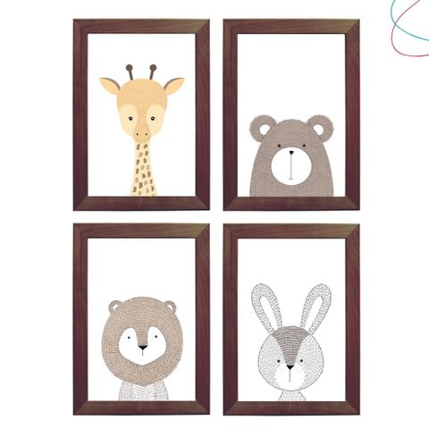 4 Quadros Decorativos Infantil Animais Escandinavos Safari:tabaco