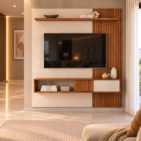 Home Moderno Suspenso Painel p/ TV Freijó Off White Ripado