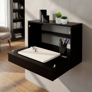 Escrivaninha Suspensa Bancada Compacta com Gaveta Mesa para Notebook Preto Laca