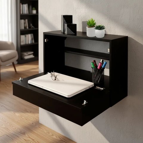 Escrivaninha Suspensa Bancada Compacta com Gaveta Mesa para Notebook Preto Laca