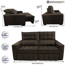 Sofá Retrátil e Reclinável 2,20M Molas Ensacadas e Costura Tripla Cama Inbox Nobre Suede Café - 2