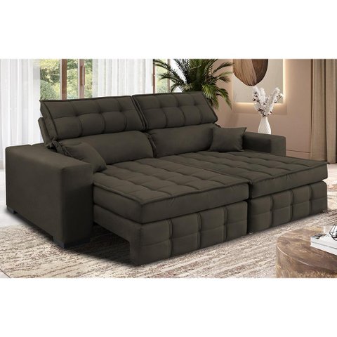 Sofá Retrátil e Reclinável 2,20M Molas Ensacadas e Costura Tripla Cama Inbox Nobre Suede Café