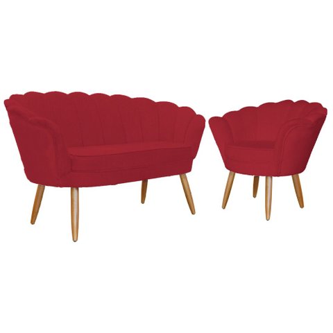 Kit Namoradeira + 1 Poltrona Decorativa Pétala Suede Vermelho Pés Madeira Mz Decor