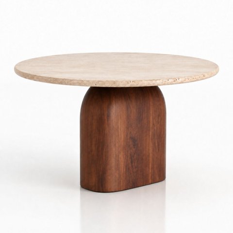 Mesa de Jantar Redonda Balance 80 cm Tampo Mármore Travertino Romano Base Nogueira