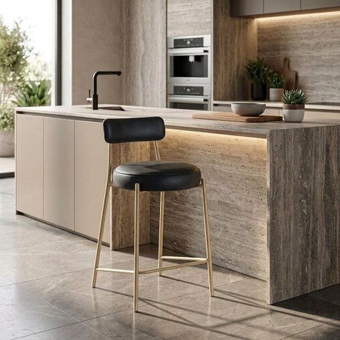 Banqueta Cozinha Média com Encosto Industrial Champanhe Londres PU Preto D03 - D'Rossi