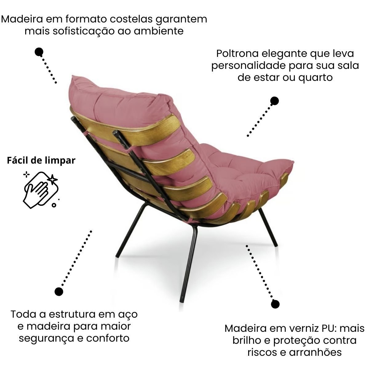 Kit Cadeira Costela e Puff Suede Rosa Fibra Silicone Premium:poltrona Costela Veludo Rose - 9