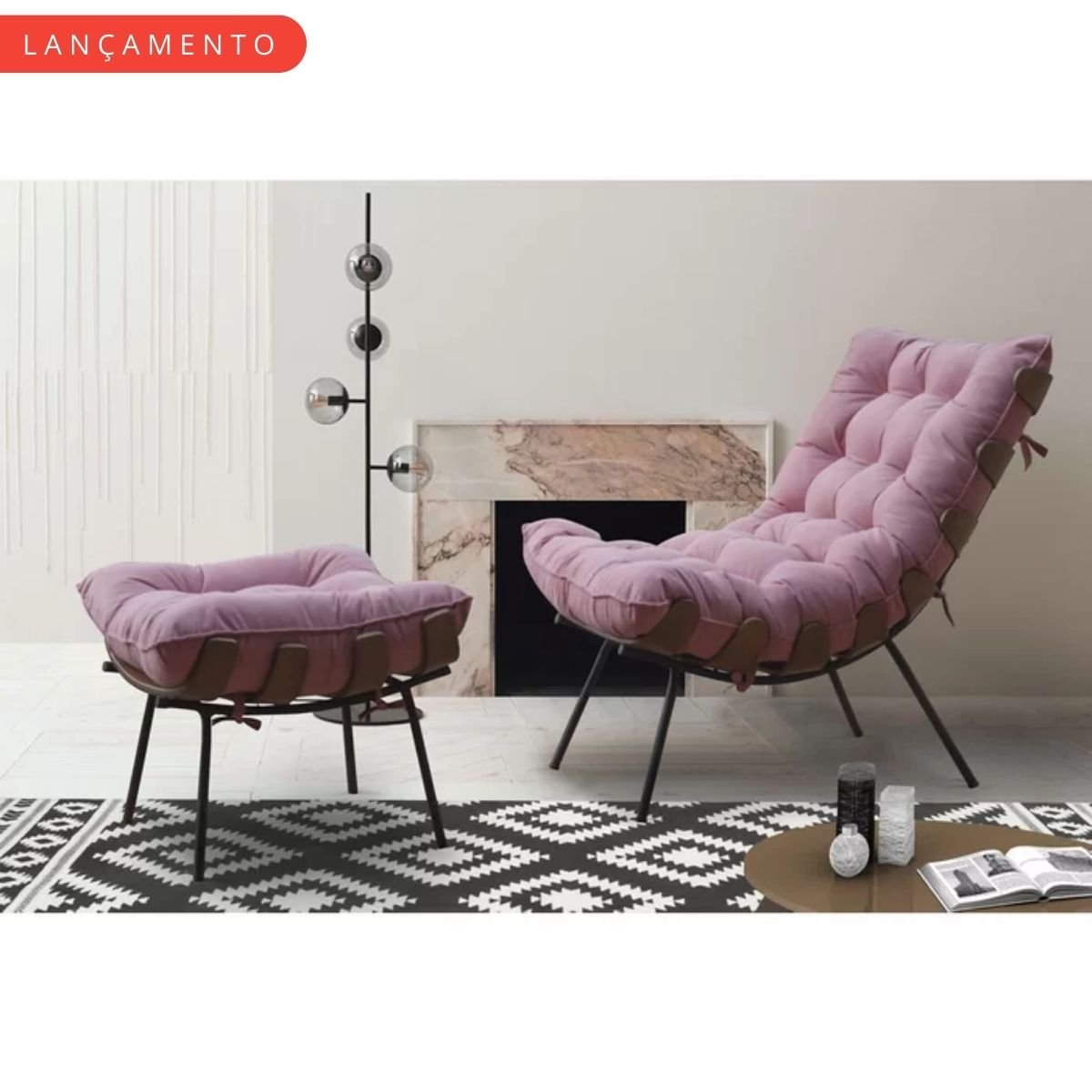 Kit Cadeira Costela e Puff Suede Rosa Fibra Silicone Premium:poltrona Costela Veludo Rose - 6