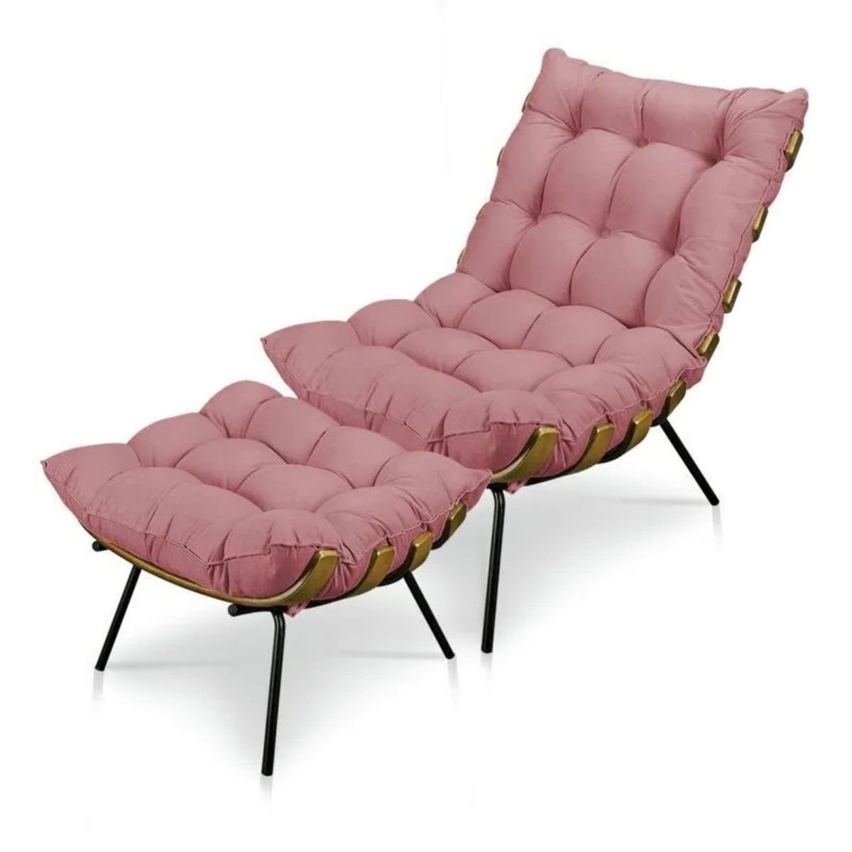 Kit Cadeira Costela e Puff Suede Rosa Fibra Silicone Premium:poltrona Costela Veludo Rose - 1