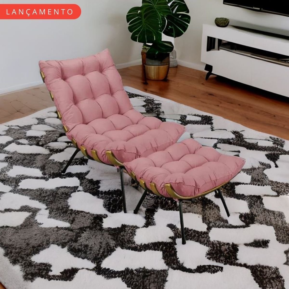 Kit Cadeira Costela e Puff Suede Rosa Fibra Silicone Premium:poltrona Costela Veludo Rose - 5