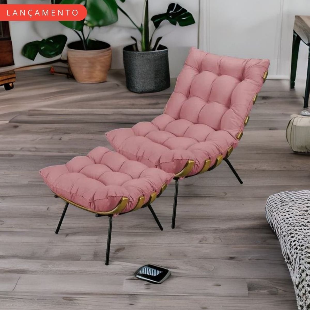 Kit Cadeira Costela e Puff Suede Rosa Fibra Silicone Premium:poltrona Costela Veludo Rose - 4