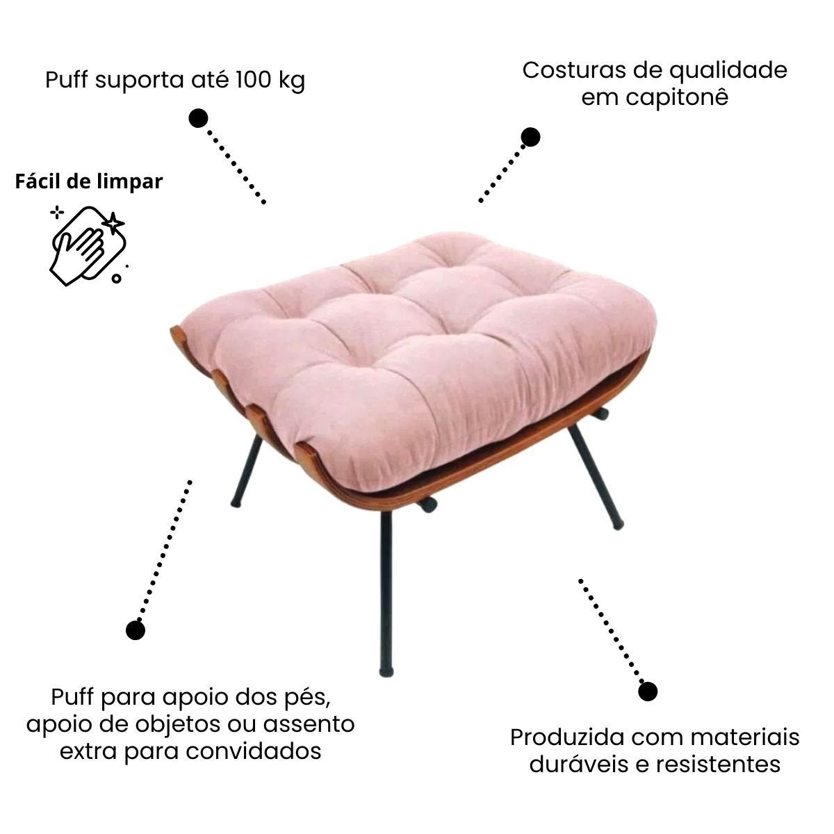 Kit Cadeira Costela e Puff Suede Rosa Fibra Silicone Premium:poltrona Costela Veludo Rose - 10