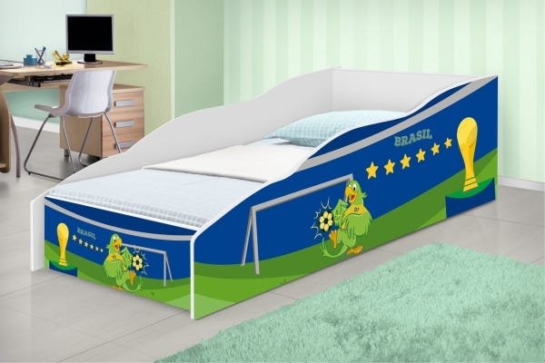 Cama Infantil Copa do Mundo Elevada com Escorregador e Cortina Completa  Móveis