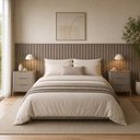 Ver imagem 1 de Conjunto Cabeceira Queen Bend Fixação na Parede MDF Ripada Grigio com Dourado Casa Lar Shop