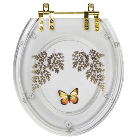 Assento Sanitário Poliester Oval Transparente Decorado Borboleta Amarela com Ferragem Dourada