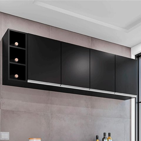 Armário Aéreo Apex 160cm 4 Portas MDP-BP Preto Gran Belo