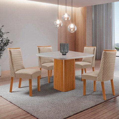 Mesa de Jantar Eloise 90 cm Tampo MDF Vidro Canto Copo com 4 Cadeiras Carolina