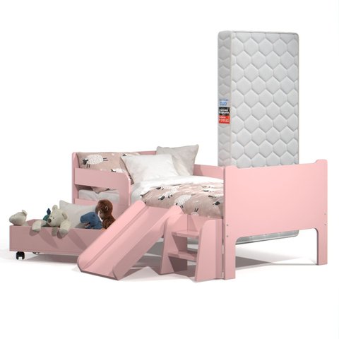 Mini Cama Infantil Montessoriana com Baú Bella + Colchão:rosa