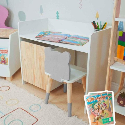 Escrivaninha Infantil Bancada Organizadora P - Urso Kit Livro Educativo em Madeira - Cinza