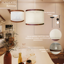 Luminária Teto Conjunto 2 Pendente Ravena Rústico Palha Indiana Ratan Fio Preto 150cm 110v/220v - 5