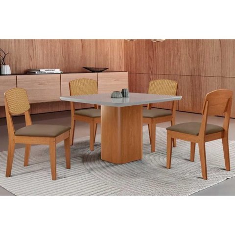Conjunto: Mesa Sala Jantar Maldivas Tampo c/ Vidro Curvo 90cm+4 Cadeiras Havana Naturale/Off White