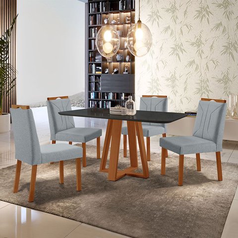 Conjunto Sala de Jantar Mesa Floripa Madeira Maciça 140x80cm Tampo Retângular Vidro Preto com 4 Cade