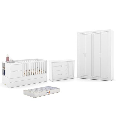 Dormitório Completo Infantil Tutto New 4 Portas, Cômoda, Berço Multifuncional Formare e Colchão D18