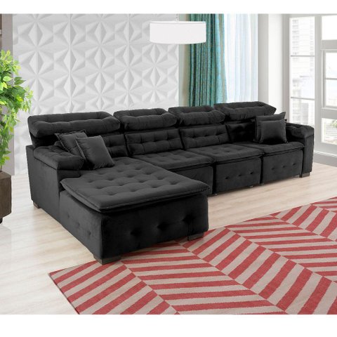 Sofá Orlando 3.45x2.10m com Chaise, Retrátil e Reclinável - Preto