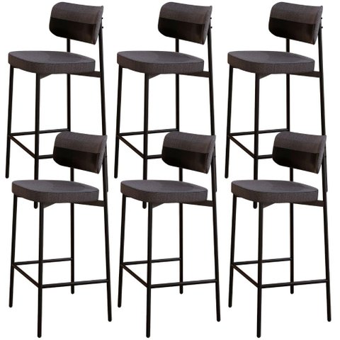 Kit 06 Banquetas Alta Bar Cozinha Sala de Jantar Aço Preto Kaira C01 Linho Preto Courino Preto -