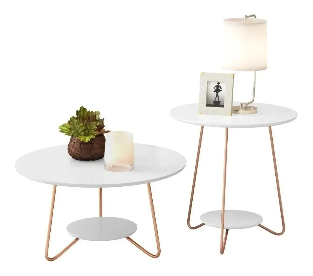 Conjunto Mesa Decoração Para Sala Centro E Lateral Liz Branco
