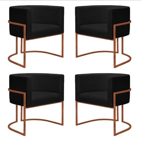 Kit 4 Poltronas Reforçada Decorativa Sala Nayara Base Ferro Bronze Suede Preto
