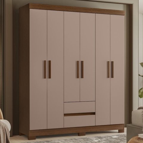 Guarda Roupa Casal 154cm 6 Portas Lipion Nogueira/Cappuccino a02 - Mpozenato