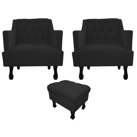 Kit 2 Poltronas Decorativa Julia + Puff Luis Xv Couro Preto Pés Madeira Ms Decor
