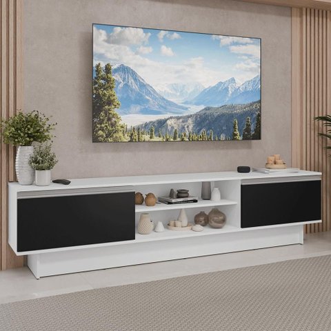 Rack para TV até 80 Polegadas 218 cm 2 Portas Branco/Preto Glamy Madesa