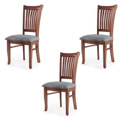 Kit 3 Cadeiras Decorativa Sala de Jantar Madeira Maciça Bakeri Linho Cinza/Imbuia - Gran Belo