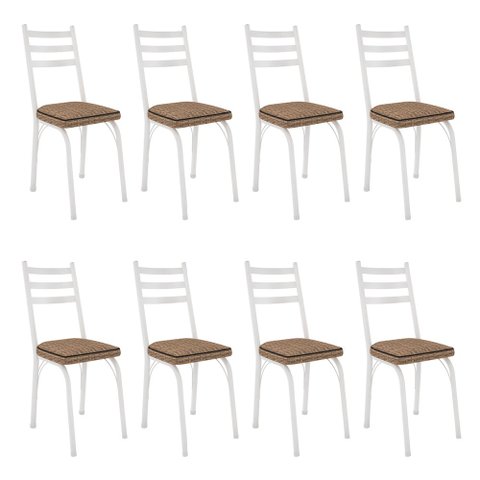 Kit 8 Cadeiras de Cozinha Luisiana Estampado Rattan Bege Pés de Ferro Branco - Pallazio