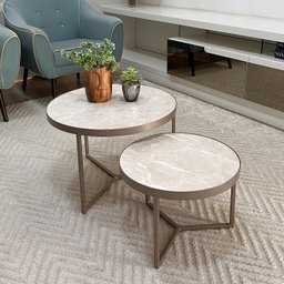 Conjunto Mesa de Centro Redonda Dallas Marmorizado Areia - Champagne - 1