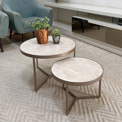 Conjunto Mesa de Centro Redonda Dallas Marmorizado Areia - Champagne