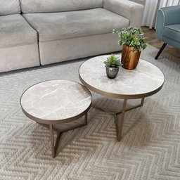 Conjunto Mesa de Centro Redonda Dallas Marmorizado Areia - Champagne - 2