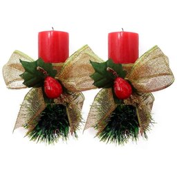 Kit 2 Velas Vermelhas Decorativas para Natal com Laço Dourado e Fruta - 1