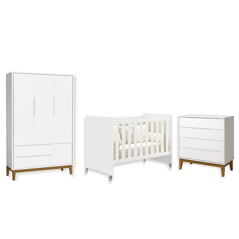 Quarto de Bebê Berço Evolution + Cômoda 4g + Guarda Roupa 3P Branco Classic