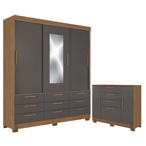 Guarda Roupa Casal 3 Portas 9 Gavetas Morretes com Espelho e Cômoda Pinhais Jatobá Grafite - Santos 