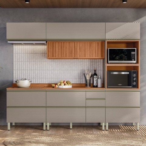 Cozinha Completa Modulada com Aéreo 5 Peças MDF Proença Bege/Nogueira/Nude Prime