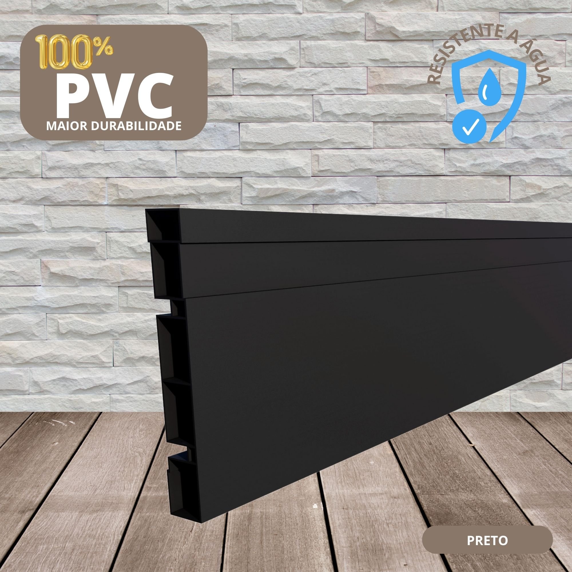 Rodapé de PVC 10 cm altura Frisado barra com 2 M cor PRETO