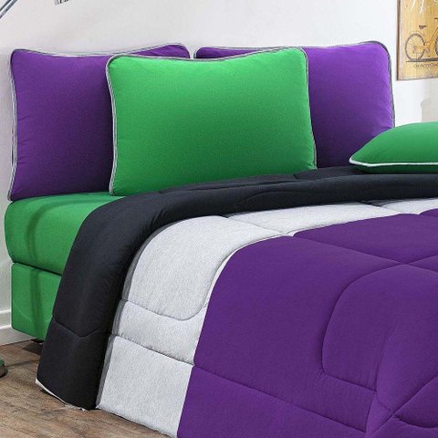 Kit Edredom + Jogo de Lençol Malha 100% Algodão Urbano 6 Peças King - Roxo-mescla-preto