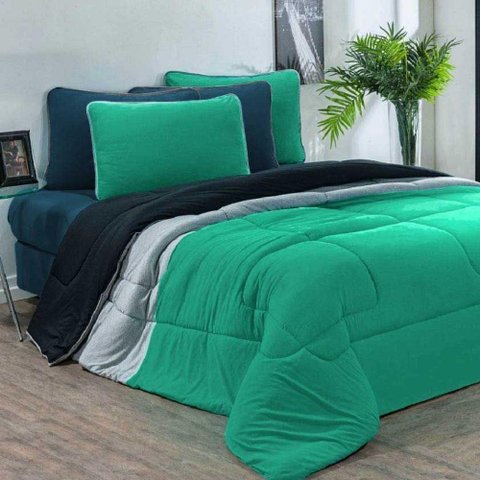 Kit Edredom + Jogo de Lençol Malha 100% Algodão Urbano 6 Peças King - Verde Jade-mescla-azul