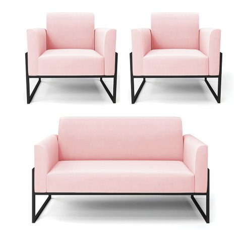 Sofá Namoradeira com 2 Poltronas Base Industrial Alta Preto Marisa Suede D03 - D’Rossi Rosa B