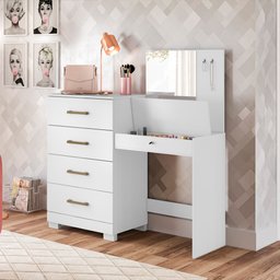 Cômoda Penteadeira 4 Gavetas com Espelho Gênova Branco - Moval - 2 Cômoda Penteadeira 4 Gavetas com Espelho Gênova Branco - Moval - 2