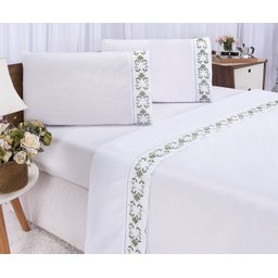 Jogo Lençol Casal King 400 Fios Veneza Branco com Verde 4 Pçs - 1