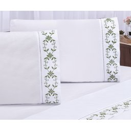 Jogo Lençol Casal King 400 Fios Veneza Branco com Verde 4 Pçs - 2