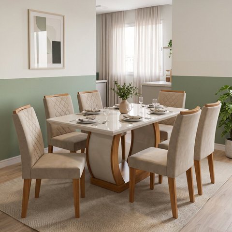 Conjunto Mesa de Jantar com 6 Cadeiras Estofadas e Tampo de Vidro 180x80x90cm Off White/Imbuia